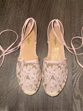 Valentino Pink Lace Espadrille Flats with Ankle Ties